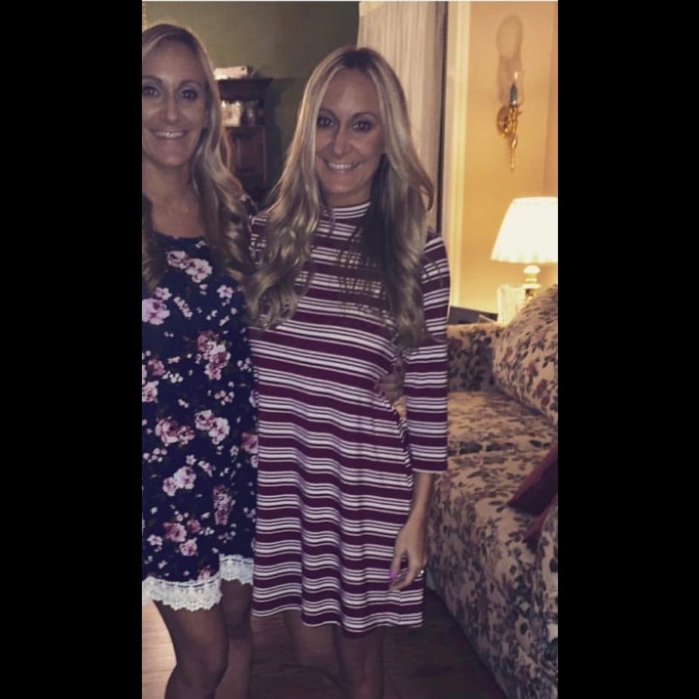 Maroon and ivory striped T-shirt dress